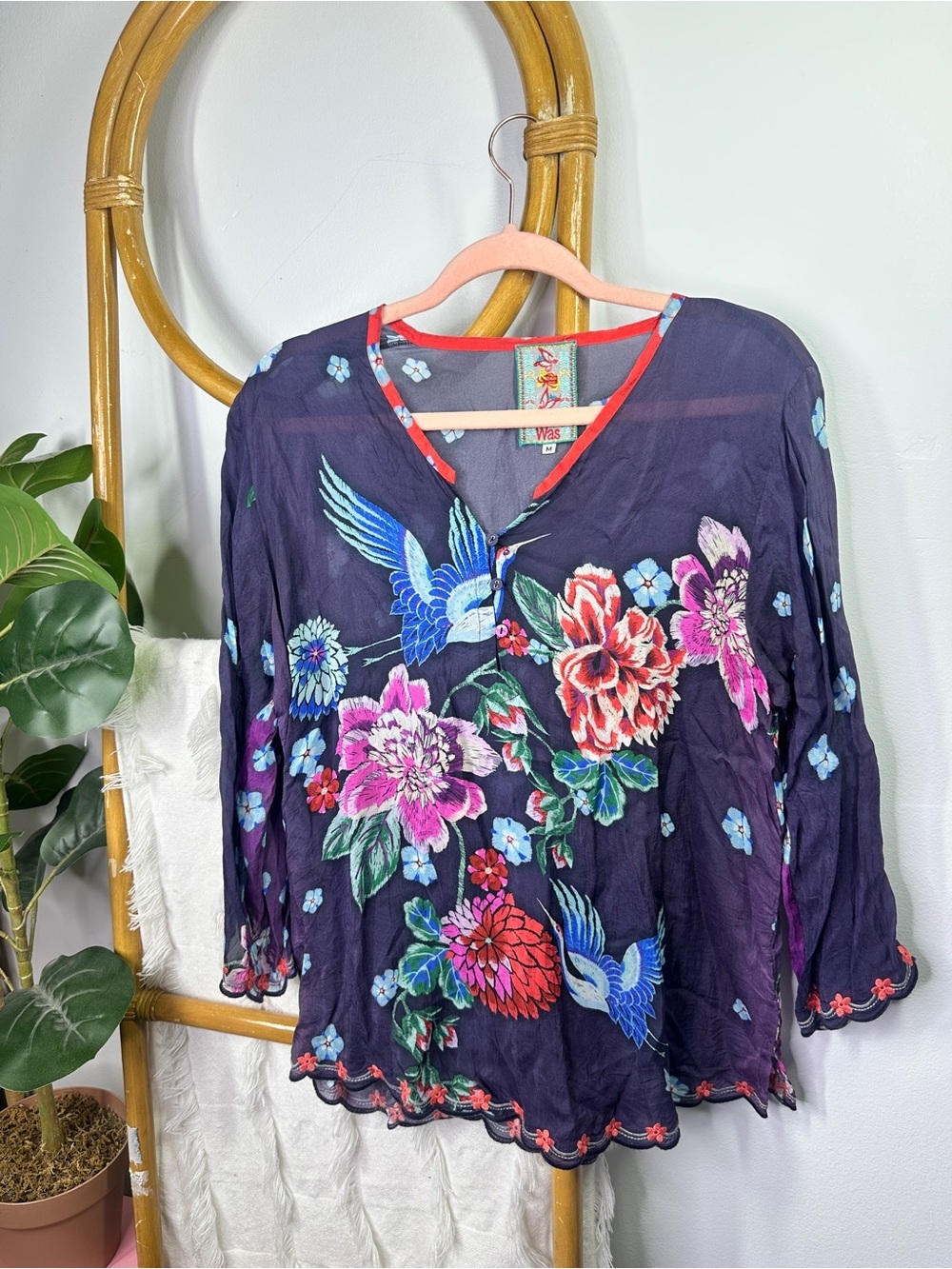 Johnny Was Purple Floral Rayon Blouse sz M